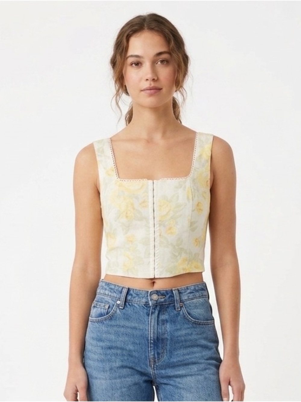 Monteau Floral Linen Crop Pastel Corset Size S NEW Cottagecore Romantic Picnic